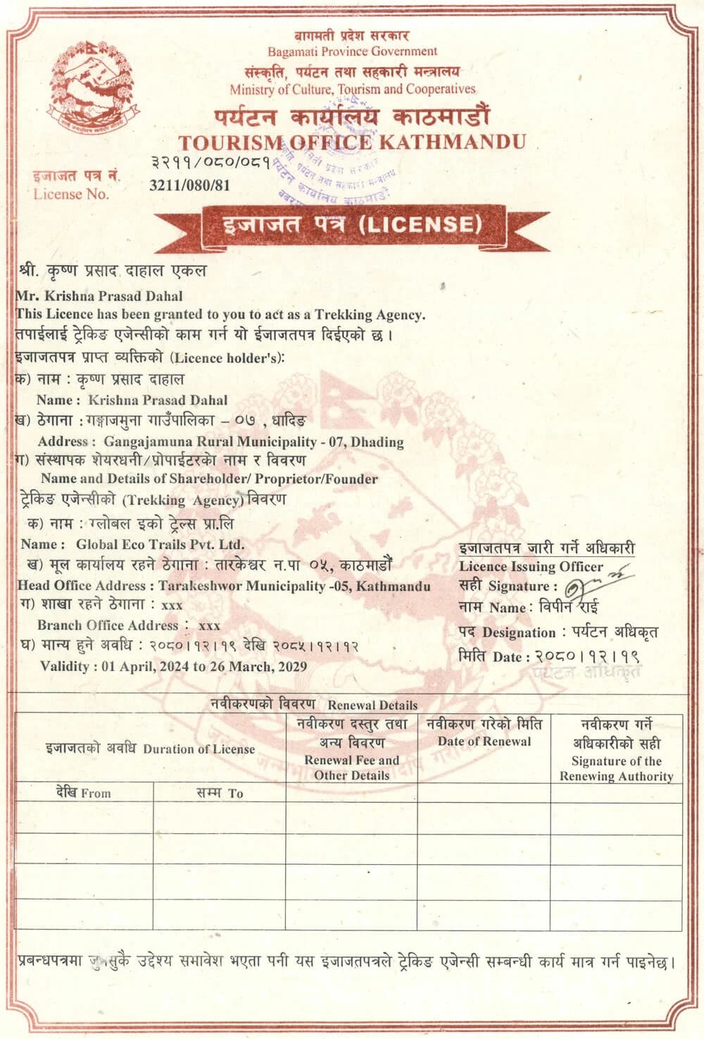 License of Tourism Office